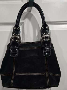 Tignanello Shoulder Bag Suede Leather Black Patent Trim Classic Handbag